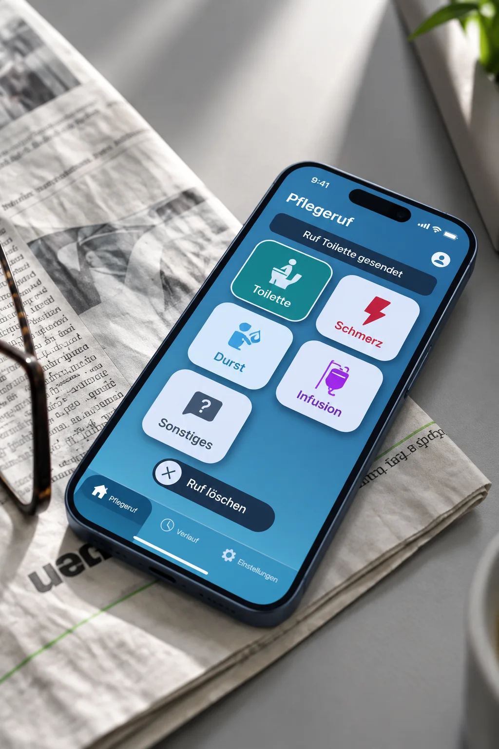 PIATO Pflegeruf App auf dem Smartphone mit strukturierten Anliegen-Kategorien